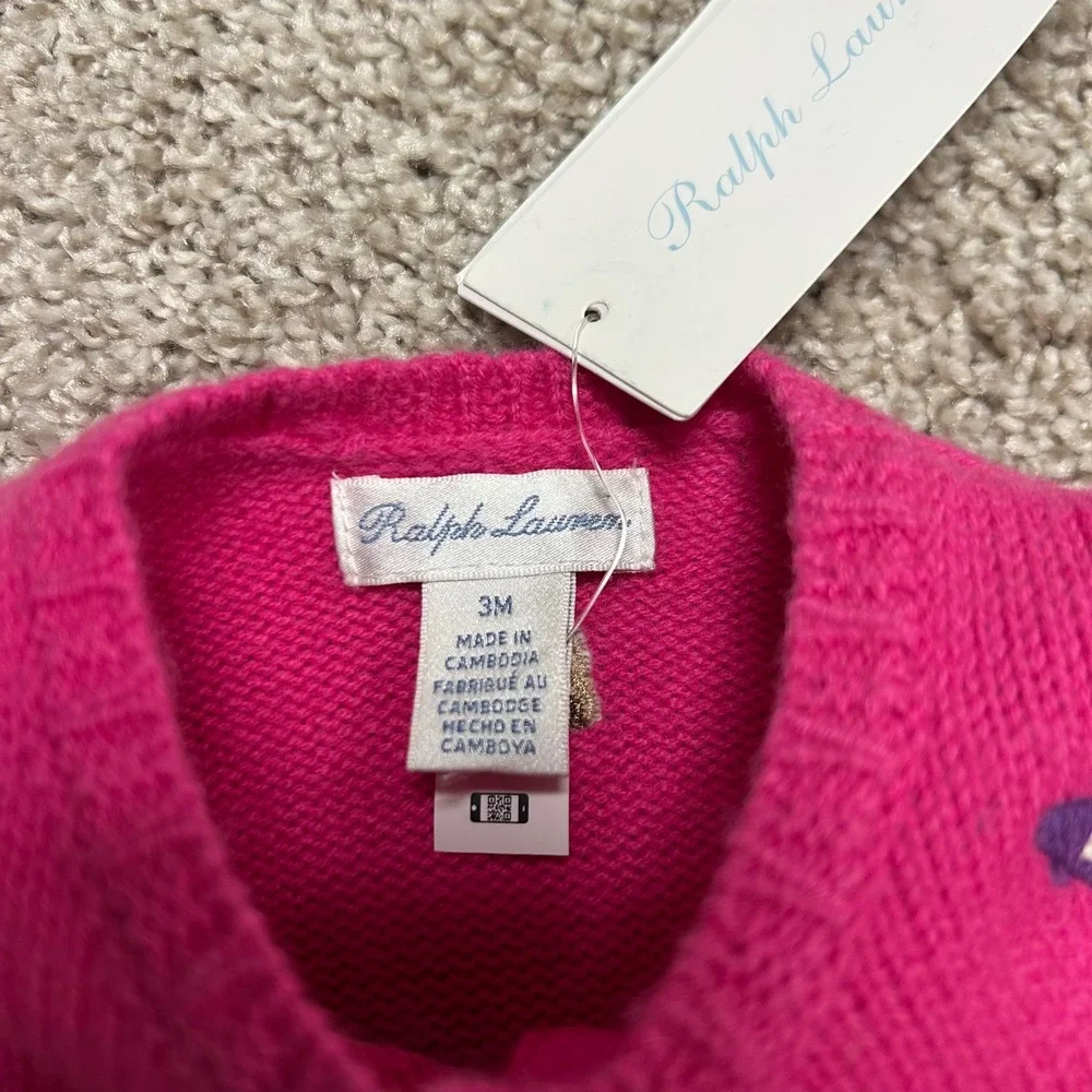 NWT Ralph Lauren Embroidered‎ Wool Blend Cardigan Baby Size 3M Pink Prep School